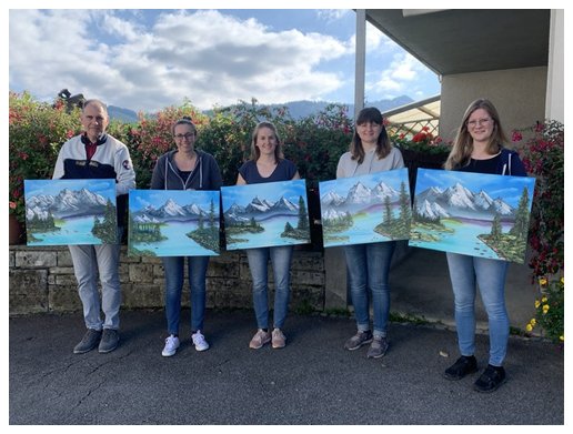 Landschaft mit Bergen und See – Bild aus einem Bob Ross® Malkurs in der Schweiz im Atelier AIART Appenzell