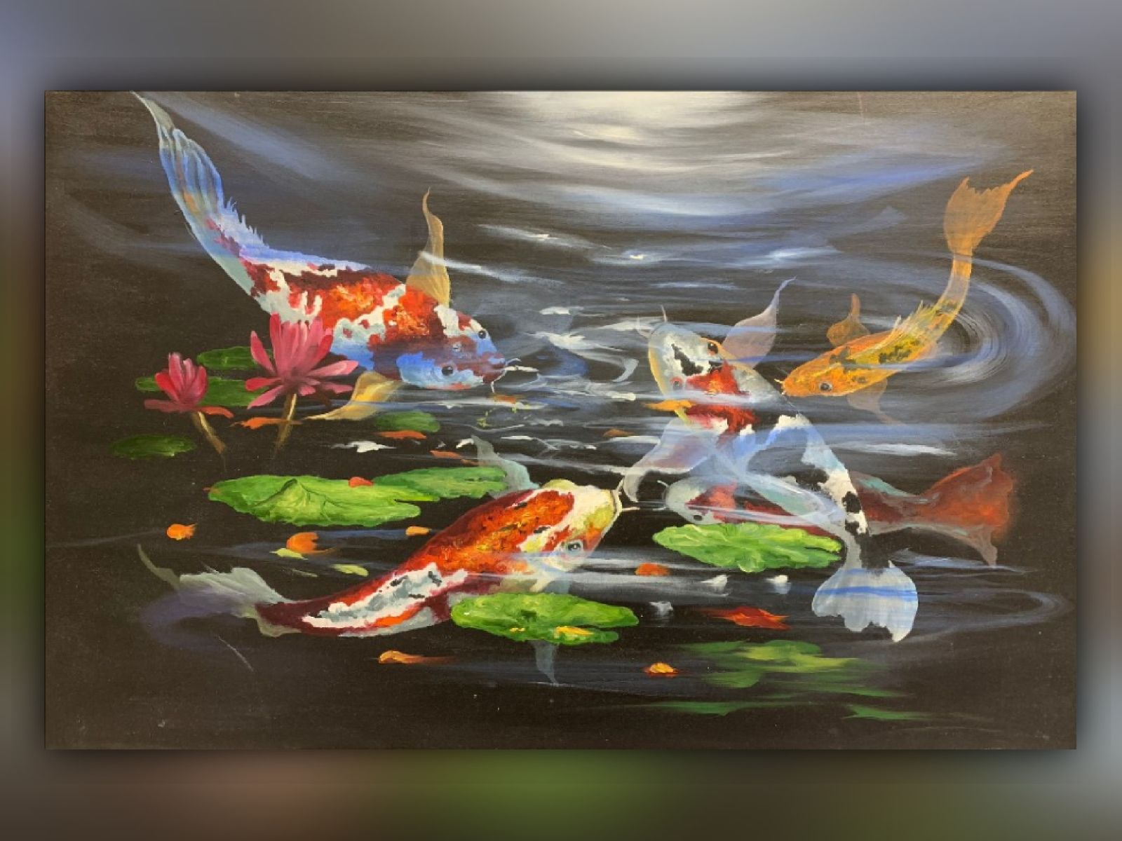 Ölbild Koiteich mit Koi-Fischen und Seerosen, gemalt von Frenzi Inauen – Bilderverkauf bei aiart.ch